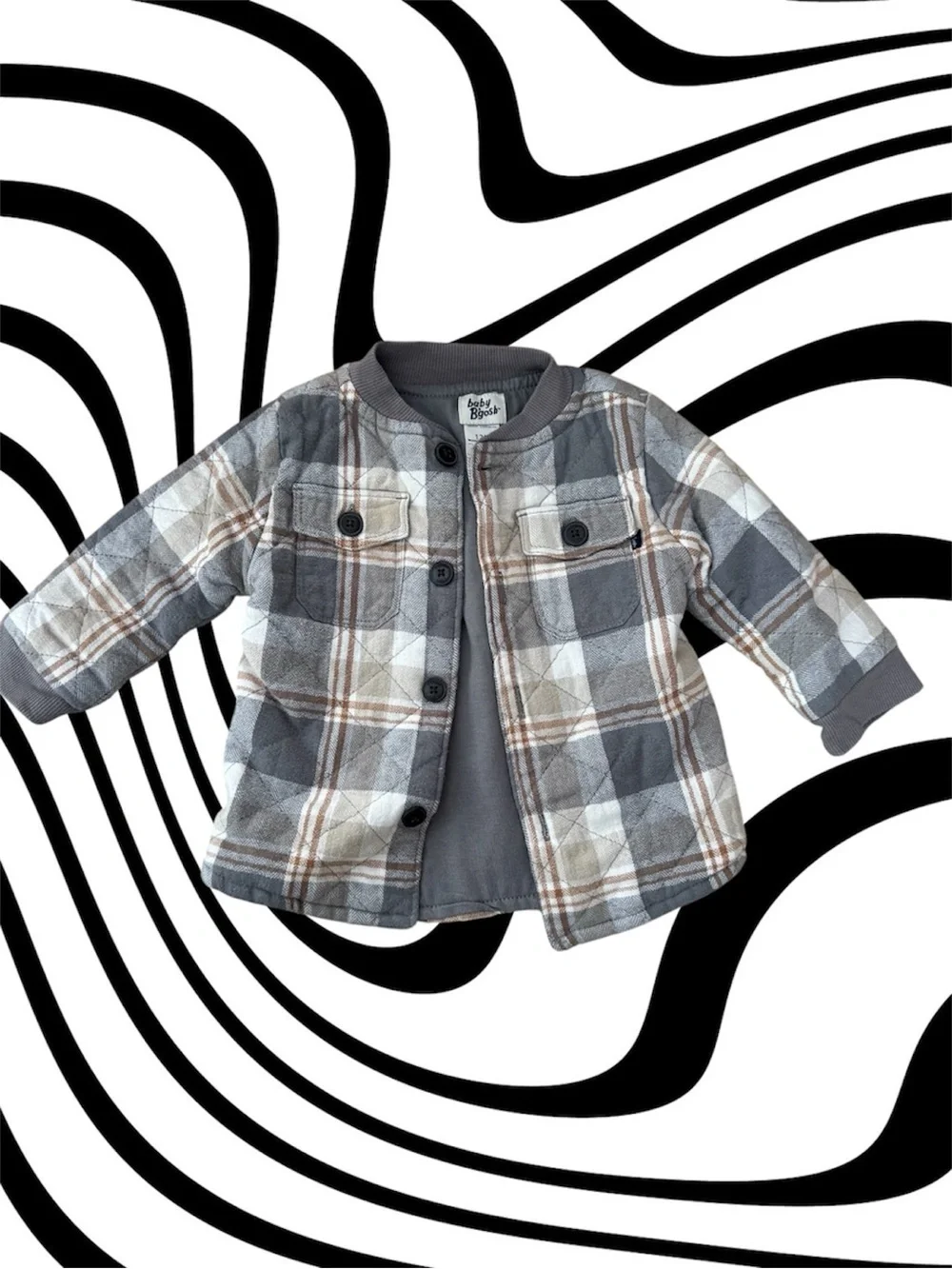 Boys Gray Striped Button Down Romper- Gray & Brown Plaid Jacket